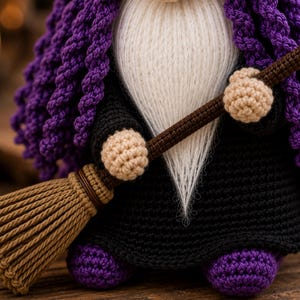 Crochet Halloween Witch Gnome PDF pattern featuring a black witch hat, purple curly hair, fluffy white beard, broomstick, and spooky farmhouse Halloween decor.