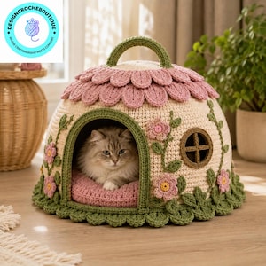 かぎ針編みの猫小屋パターン、花柄のペットベッド（PDF）、居心地の良い手作りの猫用コテージ
