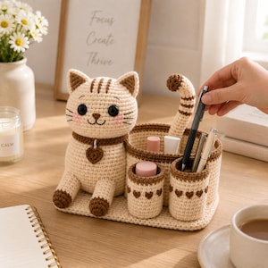 May include: A beige crochet cat desk organiser featuring a brown collar with a heart charm, a tall tail, and two small cylindrical pen holders decorated with brown heart patterns. The cat has black eyes, pink cheeks, and brown striped accents.