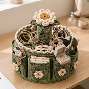 May include: A round, olive green crocheted jewelry organizer featuring a central post topped with a large white and yellow flower. The exterior is decorated with smaller crocheted flowers and contains various compartments holding rings, a watch, and hair accessories.