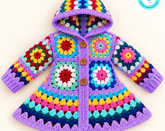 Crochet Pattern for Kids Hooded Jacket, Rainbow Granny Square Cardigan Flower Coat PDF