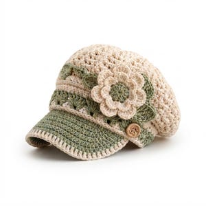 Pode incluir: Um boné de crochê estilo newsboy em fio creme e verde sálvia. O chapéu apresenta uma coroa com textura de ponto aberto, uma aba verde sólida e uma aplicação decorativa de flor em crochê em camadas na lateral com um pequeno botão de madeira.