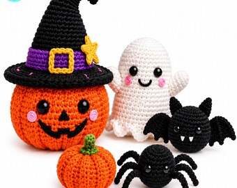 Spooky Amigurumi Pattern Bundle, Pumpkin Ghost Bat Spider PDF