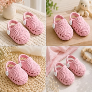 Handmade crochet baby clogs with soft soles, easy DIY sandal and bootie design for infants, digital download pattern.