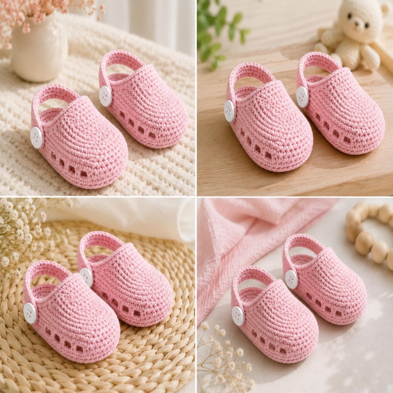 Handmade crochet baby clogs with soft soles, easy DIY sandal and bootie design for infants, digital download pattern.