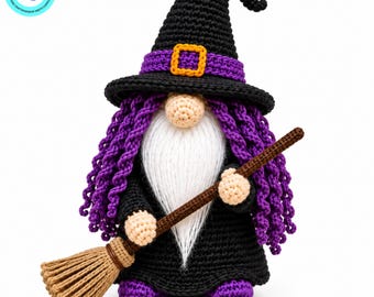 Crochet Witch Gnome Pattern, Halloween Amigurumi, Broom, Digital PDF Tutorial for Spooky Decor