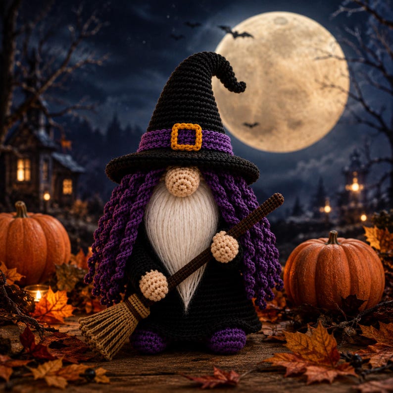 Crochet Halloween Witch Gnome PDF pattern featuring a black witch hat, purple curly hair, fluffy white beard, broomstick, and spooky farmhouse Halloween decor.