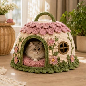 May include: A dome-shaped crochet pet bed featuring a cream-colored base, a pink petal-layered roof with a green handle, and green vine accents with pink flowers. A long-haired cat sits inside on a pink cushion, visible through the arched doorway.