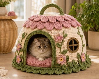 May include: A dome-shaped crochet pet bed featuring a cream-colored base, a pink petal-layered roof with a green handle, and green vine accents with pink flowers. A long-haired cat sits inside on a pink cushion, visible through the arched doorway.