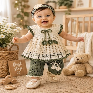 May include: A cream and dark green crochet outfit consisting of a sleeveless top with a tie-front cherry detail, matching cropped trousers with a decorative cherry accent, a matching headband with a flower, and cream-coloured crochet shoes.