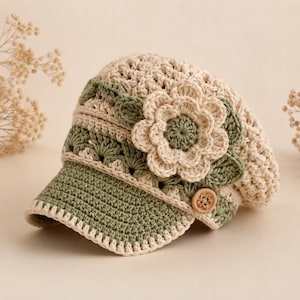 May include: A cream and sage green crocheted cap featuring a textured stitch pattern, a solid sage green brim, and a large, layered crocheted flower accent on the side. A small, round, light brown wooden button is attached near the brim base.