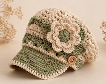 May include: A cream and sage green crocheted cap featuring a textured stitch pattern, a solid sage green brim, and a large, layered crocheted flower accent on the side. A small, round, light brown wooden button is attached near the brim base.