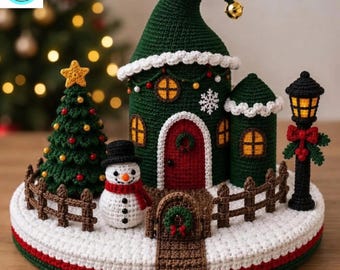 Crochet Village Pattern, Christmas House PDF, Snowman Tree Tutorial, Holiday Decor, Winter Scene Digital Download
