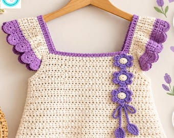 Crochet Baby Dress Pattern PDF, Purple Floral Pinafore, Ruffle Strap Toddler Crochet Pattern
