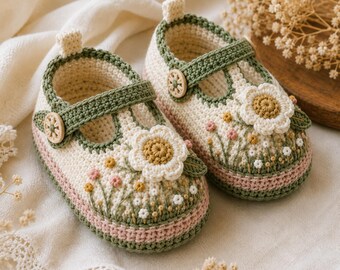 May include: A pair of cream-colored crochet baby shoes featuring a green strap with a wooden button, a large white flower appliqué, and embroidered floral details in pink, yellow, and white, finished with a green and pink striped base.