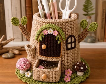 May include: A beige crochet desk organizer shaped like a tree stump with a dark brown door, a small drawer, and two branches. It features pink and brown mushrooms, small flowers, and a window. The organizer holds pens and white scissors.