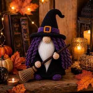 Crochet Halloween Witch Gnome PDF pattern featuring a black witch hat, purple curly hair, fluffy white beard, broomstick, and spooky farmhouse Halloween decor.