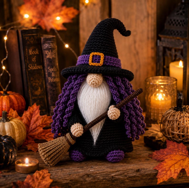 Crochet Halloween Witch Gnome PDF pattern featuring a black witch hat, purple curly hair, fluffy white beard, broomstick, and spooky farmhouse Halloween decor.