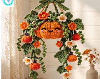 Crochet Pumpkin Floral Hanging Basket Pattern, Fall Decor PDF, Autumn Garland, Botanical Home Decoration
