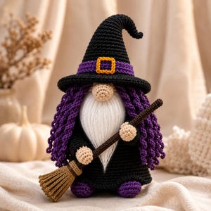 Crochet Halloween Witch Gnome PDF pattern featuring a black witch hat, purple curly hair, fluffy white beard, broomstick, and spooky farmhouse Halloween decor.