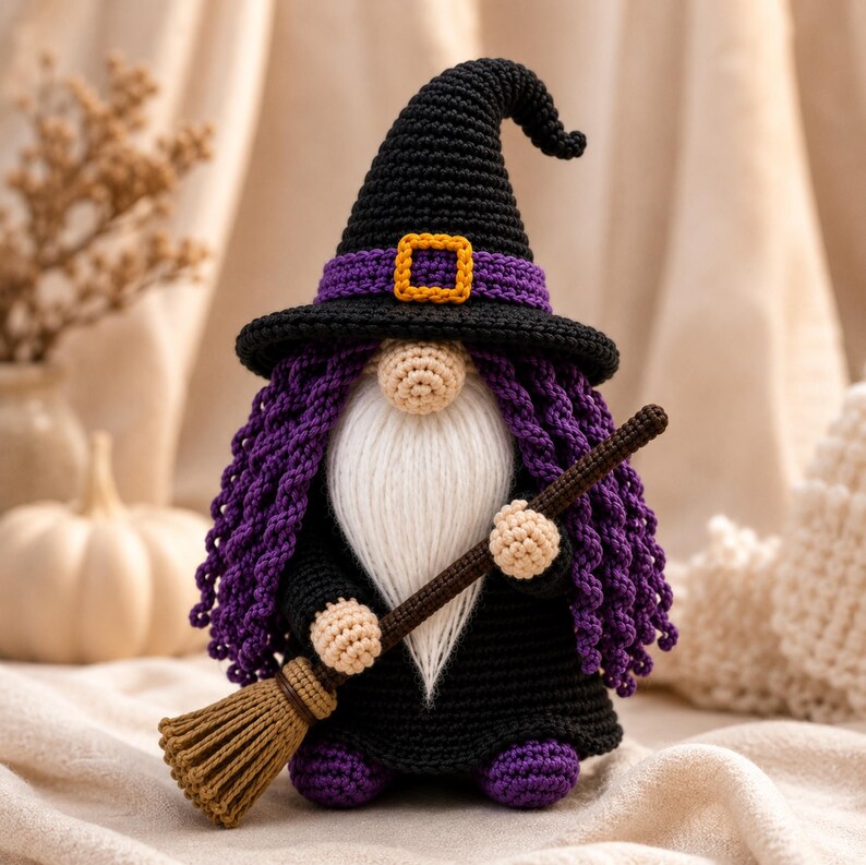 Crochet Halloween Witch Gnome PDF pattern featuring a black witch hat, purple curly hair, fluffy white beard, broomstick, and spooky farmhouse Halloween decor.