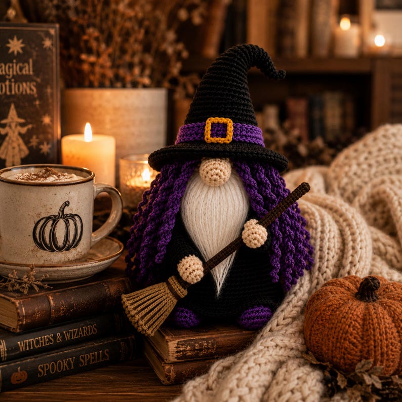 Crochet Halloween Witch Gnome PDF pattern featuring a black witch hat, purple curly hair, fluffy white beard, broomstick, and spooky farmhouse Halloween decor.