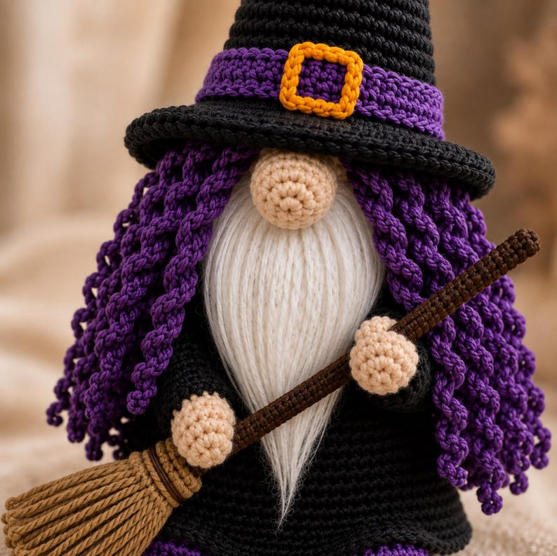Crochet Halloween Witch Gnome PDF pattern featuring a black witch hat, purple curly hair, fluffy white beard, broomstick, and spooky farmhouse Halloween decor.
