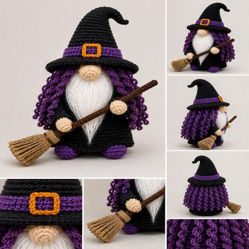 Crochet Halloween Witch Gnome PDF pattern featuring a black witch hat, purple curly hair, fluffy white beard, broomstick, and spooky farmhouse Halloween decor.