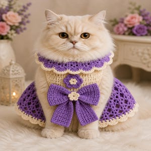 May include: A cream-colored cat wearing a handmade crochet dress featuring a purple scalloped collar, a cream bodice, a large purple bow at the center, and a purple skirt with a cream-colored lace-like trim and small cream flower accents.