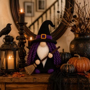 Crochet Halloween Witch Gnome PDF pattern featuring a black witch hat, purple curly hair, fluffy white beard, broomstick, and spooky farmhouse Halloween decor.