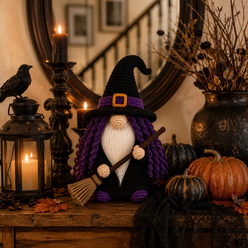 Crochet Halloween Witch Gnome PDF pattern featuring a black witch hat, purple curly hair, fluffy white beard, broomstick, and spooky farmhouse Halloween decor.