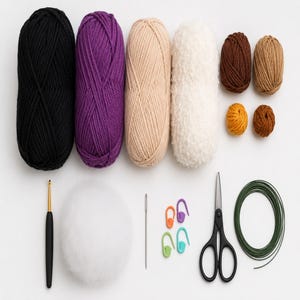 Crochet Halloween Witch Gnome PDF pattern featuring a black witch hat, purple curly hair, fluffy white beard, broomstick, and spooky farmhouse Halloween decor.