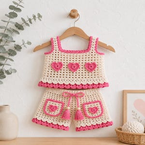 Könnte beinhalten: Ein zweiteiliges Häkelset bestehend aus einem ärmellosen Oberteil und einer Shorts in Creme und leuchtendem Pink. Das Oberteil hat ein Gittermuster mit drei pinkfarbenen Herzapplikationen und einem gewellten Saum. Die Shorts verfügen über zwei Taschen mit Herzdetails, einen Kordelzug mit pinkfarbenen Quasten und einen gewellten Saum.