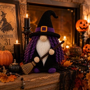 Crochet Halloween Witch Gnome PDF pattern featuring a black witch hat, purple curly hair, fluffy white beard, broomstick, and spooky farmhouse Halloween decor.