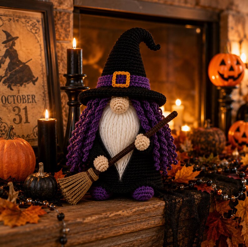Crochet Halloween Witch Gnome PDF pattern featuring a black witch hat, purple curly hair, fluffy white beard, broomstick, and spooky farmhouse Halloween decor.