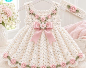 Crochet Baby Dress Pattern, Floral Heirloom Newborn Gown PDF with Headband
