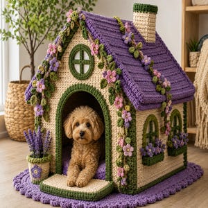 May include: A crochet pet house with a purple roof, cream walls, and green trim. The structure features a chimney, a round window, and two arched windows with flower boxes. Vines with pink and purple flowers drape over the exterior.