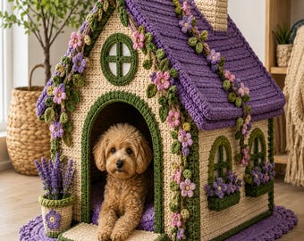 May include: A crochet pet house with a purple roof, cream walls, and green trim. The structure features a chimney, a round window, and two arched windows with flower boxes. Vines with pink and purple flowers drape over the exterior.