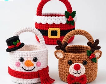 Christmas Basket Crochet Pattern, Santa Snowman Reindeer Basket, Holiday Storage PDF Tutorial, 3 Designs
