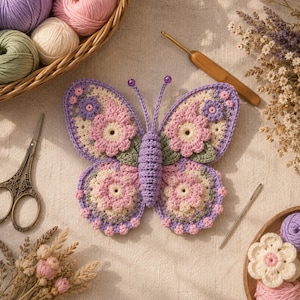 May include: A crocheted butterfly appliqué featuring a lavender body with two antennae topped by small purple beads. The wings are decorated with pink and cream floral motifs, green leaf accents, and lavender borders with small pink bobble details.