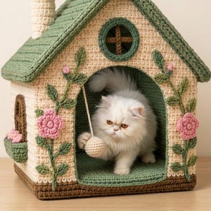 May include: A crocheted cat house featuring a cream-colored base, a green roof, and brown trim. The exterior is decorated with green vines and pink flowers. A white, fluffy cat is inside the house, playing with a small, round, beige yarn ball.