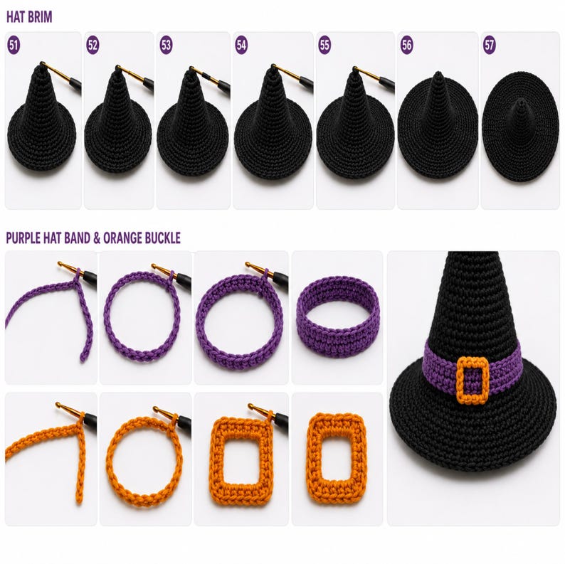 Crochet Halloween Witch Gnome PDF pattern featuring a black witch hat, purple curly hair, fluffy white beard, broomstick, and spooky farmhouse Halloween decor.