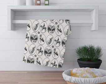 Vintage Western Tea Towel, Cowboy Fishing Mountain Kitchen Towel, Black & Cream Ranch Decor, Rustic Lodge Kitchen Gift