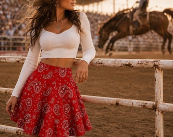 Vintage Rodeo Cowgirl Skater Skirt | Red Bandana Western Skirt | Country Western Outfit | Ranch Wear | Festival Cowgirl Style
