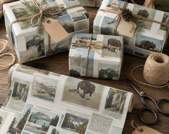 Vintage Yellowstone Postcards Wrapping Paper, Antique Postcard Gift Wrap, Bison Old Faithful National Park Paper