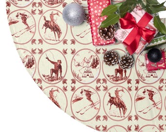 Vintage Cowboy Christmas Tree Skirt, Western Christmas Decor, Red Toile Ranch Holiday Tree Skirt, Rustic Cowboy Christmas Decor