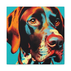 May include: Pop art style canvas print of a dog's face. The dog has brown fur with orange, blue, and red accents. The background is a solid teal color. The dog's eyes are a warm brown.