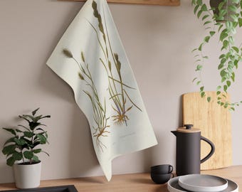 Vintage Botanical Tea Towel, Antique Wild Grass Illustration, Sea Barley Kitchen Towel, Cottage Farmhouse Decor, Botanical Linen Gift