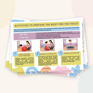 Puede incluir: Una tarjeta instructiva rectangular titulada ACTIVITIES TO PREPARE THE BODY FOR THE TOILET. Presenta tres secciones numeradas con ilustraciones que muestran a un niño en una pelota de terapia y un trampolín, junto con texto descriptivo e instrucciones.