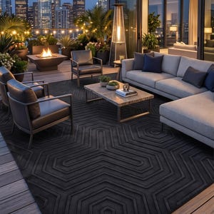 Black Geometric Wool Rug, Charcoal Grey Modern Area Rug, Textured Maze Pattern Carpet, Contemporary Luxury Living Room Rug